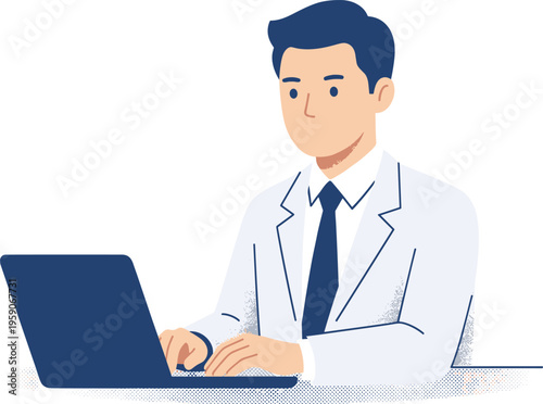 Professional male doctor working on a laptop, dedicated to his practice and patient care