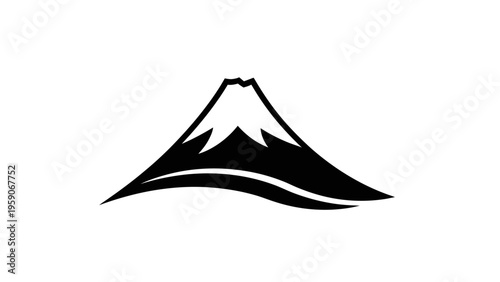 Striking minimalist black and white illustration of a majestic snow-capped mountain peak with a gracefully flowing base, evoking a sense of natural grandeur, serenity, and timeless beauty