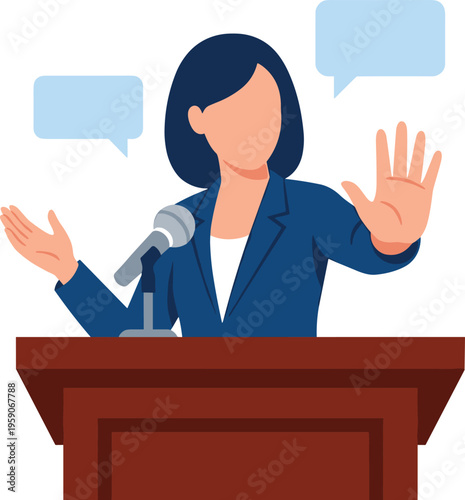 Woman speaking at a podium with speech bubbles above her head symbolizing public speaking or communication