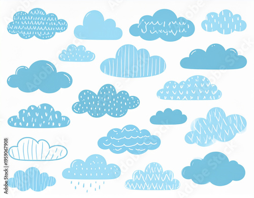 A collection of various blue weather clouds with different hand drawn patterns and simple shapes