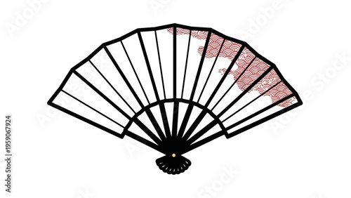 Graceful black and white folding hand fan adorned with subtle red floral motifs, representing classic cultural artistry and timeless design aesthetics for decorative elements