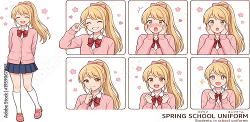 Collection of anime girl illustrations showcasing different facial expressions and poses, dressed in a pink cardigan and blue skirt school uniform