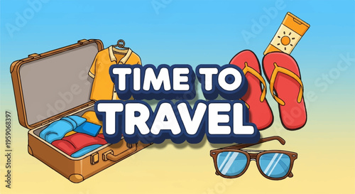 Travel, vacation, summer icons, suitcase, sunglasses, flip flops