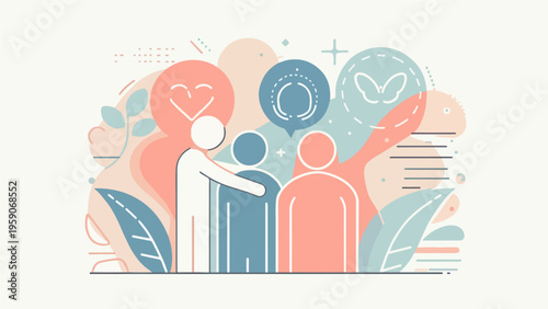 Abstract People Figures Hugging with Heart and Butterfly Speech Bubbles, Mental Health Support and Community Care Concept Illustration
