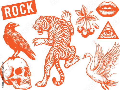 Set of Tattoo Style Rock and Roll Graphics with Tiger Skull and Raven