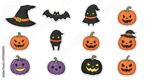 Collection of cute Halloween icons featuring pumpkins, bats, and witch hats, perfect for festive designs and decorations