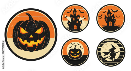 A set of five retro-style Halloween-themed circular icons featuring a carved pumpkin, haunted houses, and a witch flying on a broomstick, perfect for festive designs and decorations