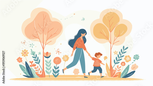 Mother and Toddler Walking Hand in Hand Through Blooming Garden, Warm Flat Design Family Outdoor Nature Illustration, Mother's Day
