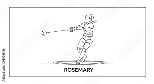 Woman athlete performing hammer throw in a stadium, line drawing.