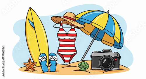 Beach vacation icons, summer swimwear, surfboard, sand accessories, colorful illustration set