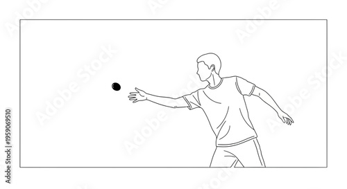 Young Man Throwing Ball in Sports Game, Dynamic Action Shot, Line Art Illustration