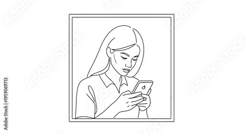 Young Woman Using Smartphone in Minimalist Line Art Style