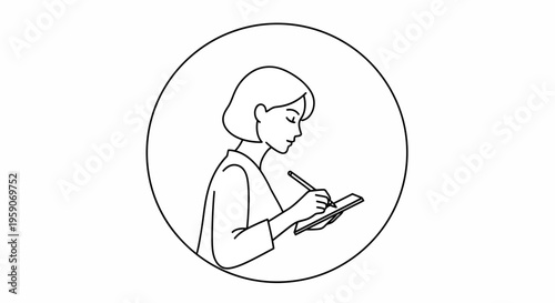 Young Woman Writing in Notebook, Focused Expression, Minimalist Line Art in Circle