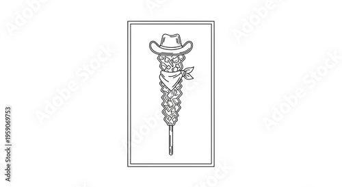 Whimsical Cowboy Cotton Candy Character with Bandana and Hat, Line Art