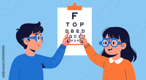 Vision Test Illustration Depicting Children Reading Eye Chart with Spectacles
