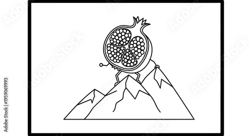 Whimsical Pomegranate Character Climbing Mountain Peak, Surreal Food Art