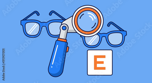 Visual Acuity Examination and Eyeglasses Test for Eye Health with Magnifying Glass