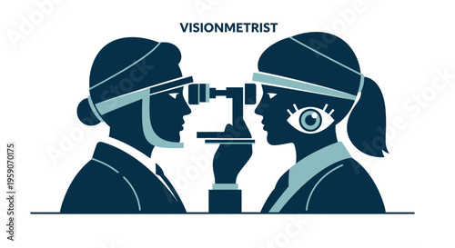 Visual Acuity Examination Illustration Depicting Two Vision Professionals with Testing Device