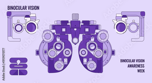Visual Acuity Examination Illustration Featuring Ophthalmic Instruments And Purple Tones