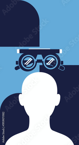Visual Acuity Examination Illustration Featuring Ophthalmic Trial Frame and Silhouette