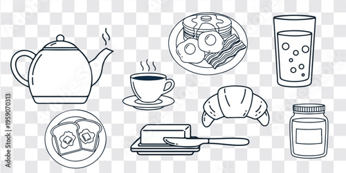 Breakfast food and drink tea croissant eggs jam on transparent background illustration