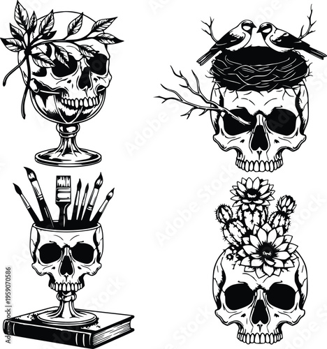Set of Decorative Skulls with Nature and Art Objects Vector Illustrations