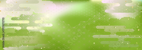 抹茶と桜のようなグラデーションと伝統的な模様を合わせた和風背景イラスト