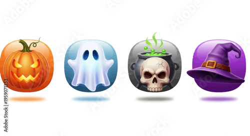 Happy Halloween icons set including ghost, pumpkin, candy, cat, hat, spiderweb, tombstone, and bats