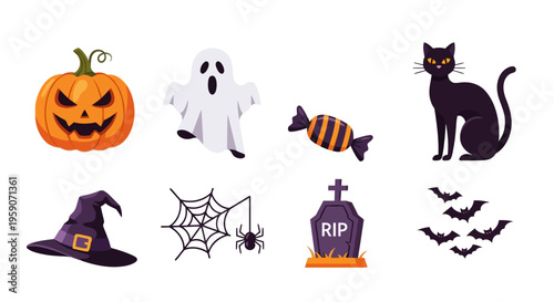 Collection of Halloween Icons Spooky Pumpkins, Ghosts, Black Cats, and Witch's Brew