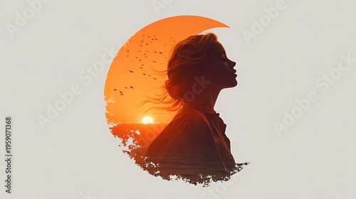 Double exposure silhouette profile of a woman merging with a sunset ocean scene and flock of birds