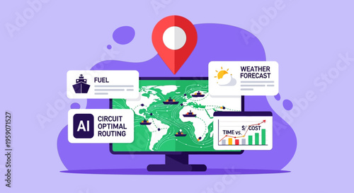 A computer screen displays a world map with various data visualizations and icons related to technology and navigation.