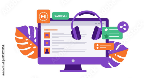 A person uses a computer with headphones and colorful icons surrounding it.