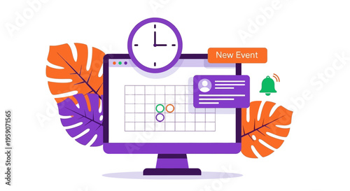 A computer screen displays a colorful calendar with clock and notification on a purple device surrounded by orange leaves.