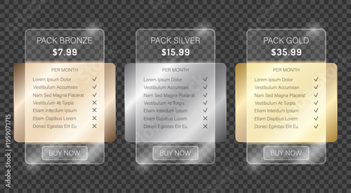 Pricing table design with glassmorphism effect. Realistic glass panels for subscription plans. UI UX web interface elements for membership packages and product comparison. Vector layout.