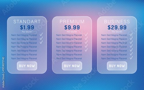 Glassmorphism pricing table for website subscription plans. Set of three pricing cards. Vector template for SaaS landing pages, software service websites, and mobile app interfaces.