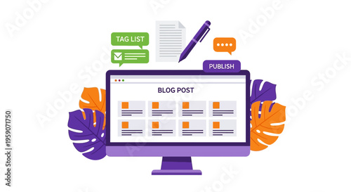 A computer monitor displays a blog post surrounded by colorful tags and a pencil on a tropical leafy background.