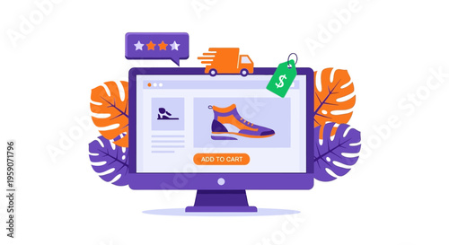 A computer screen displays an online shopping page with a vibrant sneaker advertisement surrounded by leaves and icons.