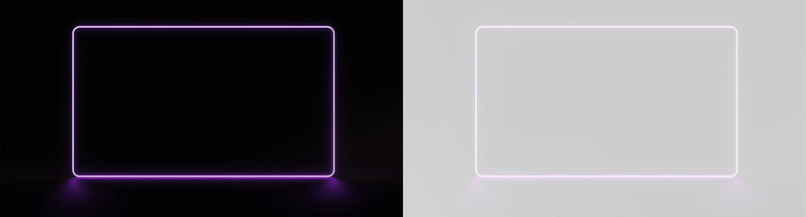 purple neon rectangular frame with glowing light borders on black and white backgrounds for social media template or futuristic advertising banner