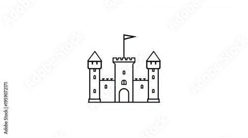 A simple black and white line art illustration featuring a classic medieval fortress with towers