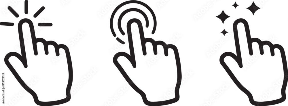 Obraz premium Three hand icons showing different pointing and clicking actions in black and white