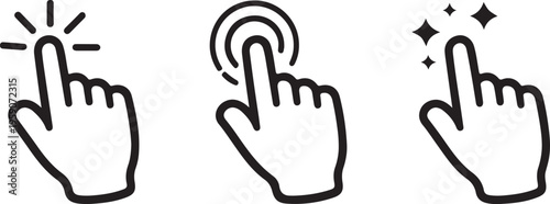 Three hand icons showing different pointing and clicking actions in black and white