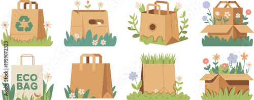 Eco friendly paper bags with flowers plants recyclable packaging sustainability concept flat vector illustration set green environment branding design collection