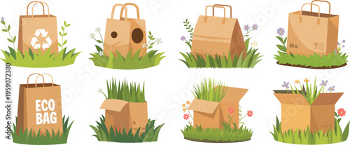 Eco friendly paper bags with grass plants flowers recyclable packaging concept flat vector illustration set sustainable shopping environment design