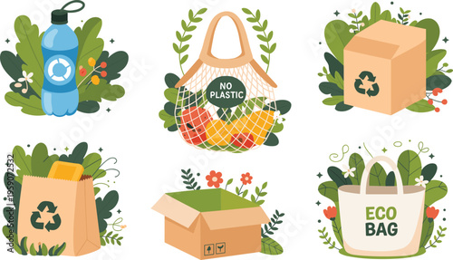 Eco friendly zero waste illustration reusable shopping bags recycling packaging plastic free lifestyle sustainability vector flat design environmental concept