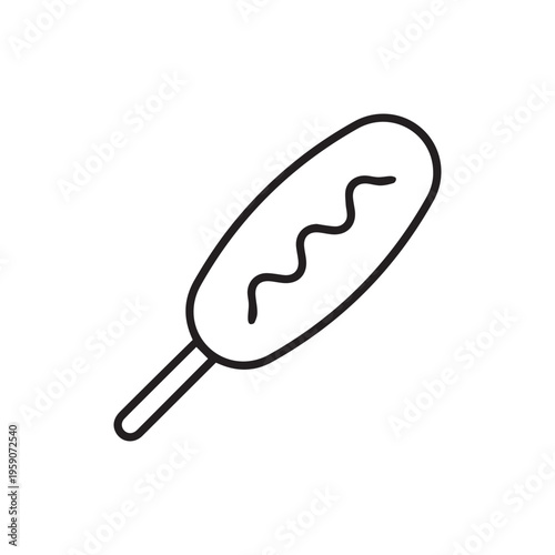 Black single corn dog thin line icon, simple street food element outline flat design pictogram, infographic vector for app logo web button ui ux interface isolated on white background