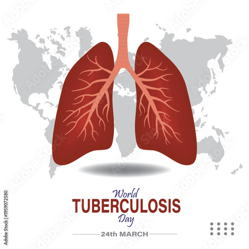 World Tuberculosis Day Human Lungs Anatomy Illustration with World Map Background.