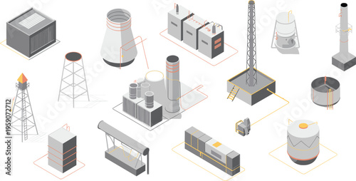 Isometric industrial factory equipment power plant oil refinery pipeline system infrastructure energy production technology flat vector illustration set modern industry design