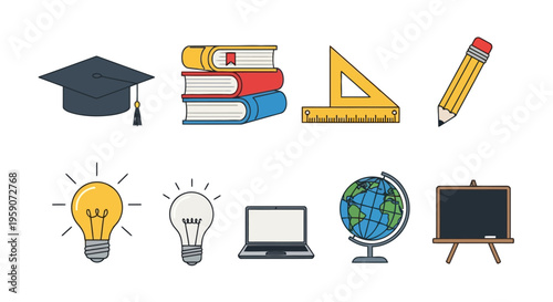 Modern flat design education and learning icons collection featuring academic symbols, technology, and knowledge concepts