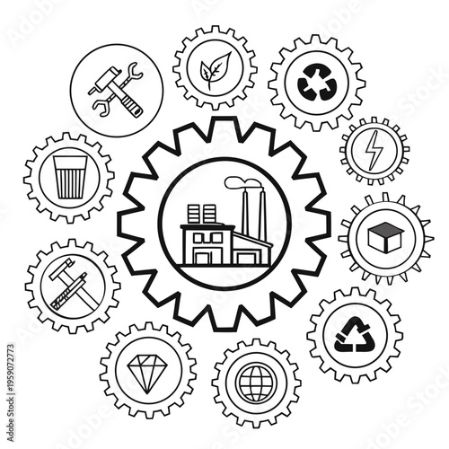 Industrial Factory Gears Icons with Eco Friendly Symbols