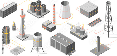 Isometric industrial factory equipment power plant oil refinery pipeline system infrastructure energy production technology flat vector illustration set modern industry design